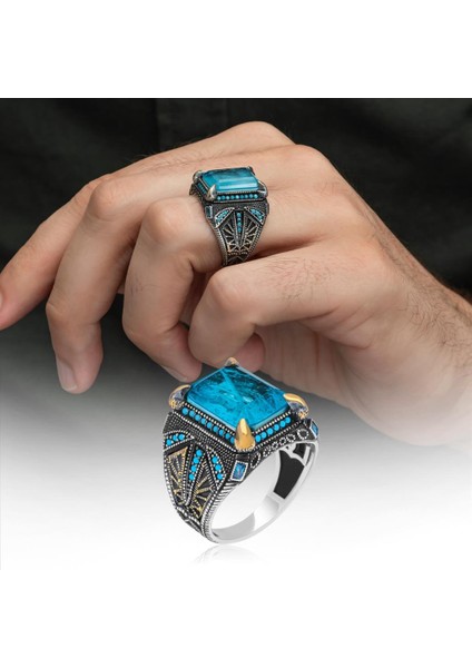 Mavi Paraiba Has Taşlı 925 Gümüş Erkek Yüzük