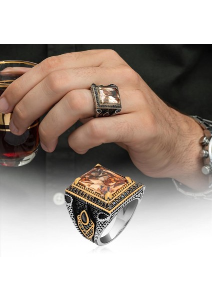 Kare Sitrin Taşlı 925 Gümüş Erkek Yüzük