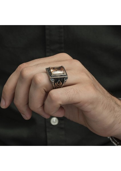 Kare Sitrin Taşlı 925 Gümüş Erkek Yüzük fırsatları