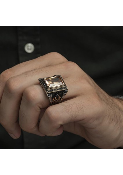 Kare Sitrin Taşlı 925 Gümüş Erkek Yüzük indirimleri