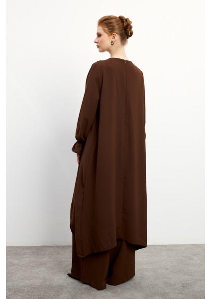 Asimetrik Kesim Tunik Pantolon Takım - Kahve fırsatları