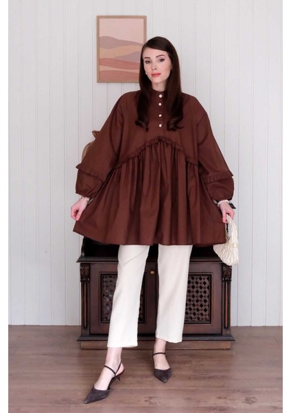 Acı Kahve Inci Detaylı Robalı Tunik & Krem Boru Paça Pantolon Takım