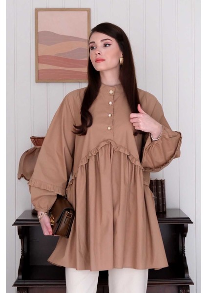 Karamel Inci Detaylı Robalı Tunik & Krem Boru Paça Pantolon Takım