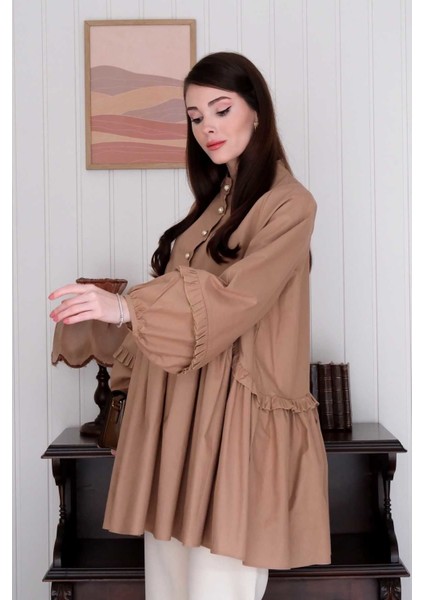 Karamel Inci Detaylı Robalı Tunik & Krem Boru Paça Pantolon Takım