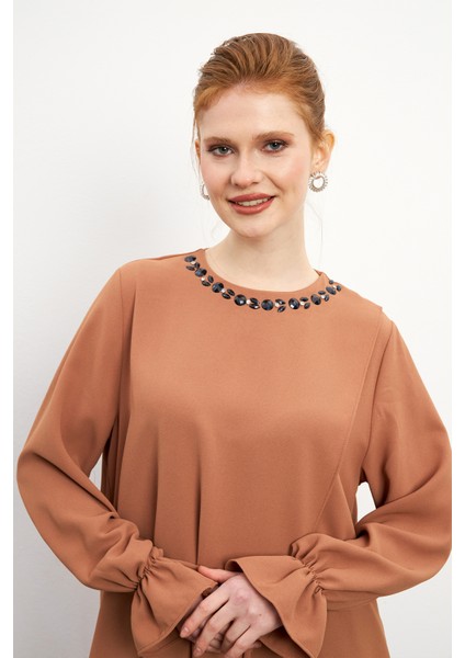 Asimetrik Kesim Tunik Pantolon Takım - Camel