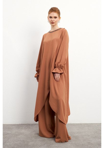 Asimetrik Kesim Tunik Pantolon Takım - Camel