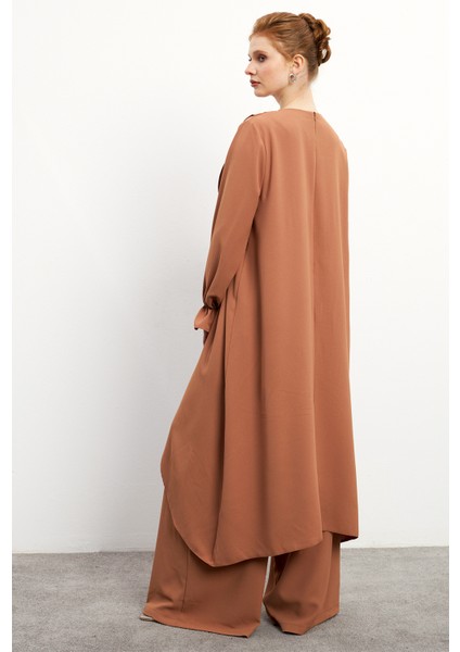 Asimetrik Kesim Tunik Pantolon Takım - Camel