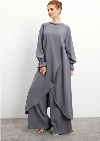 Asimetrik Kesim Tunik Pantolon Takım - Gri