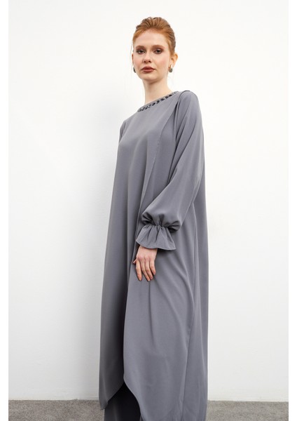 Asimetrik Kesim Tunik Pantolon Takım - Gri modelleri