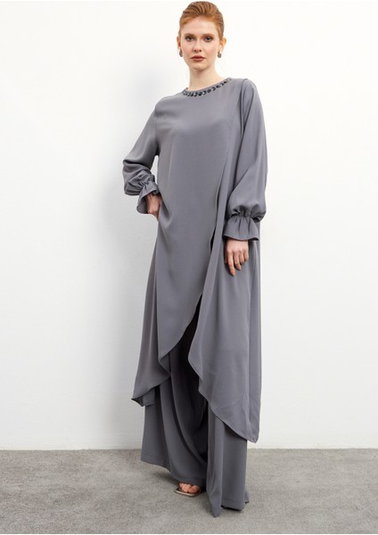 Asimetrik Kesim Tunik Pantolon Takım - Gri fırsatları