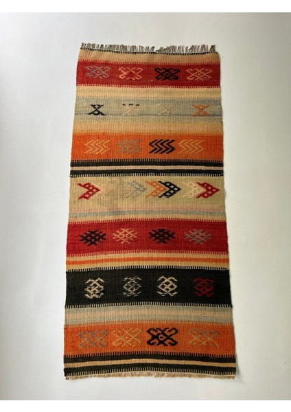 62 x 130 cm Yıkanabilir Tribal Desenli Renkli Bohem Stili El Dokuma Küçük Boy Kilim