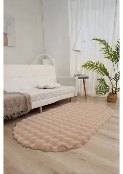Bubble Oval Yumuşak Peluş Kaymaz Salon Oturma Odası Balkon Halısı Yolluk Bej