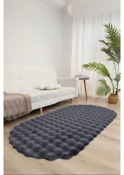 Bubble Oval Yumuşak Peluş Kaymaz Salon Oturma Odası Balkon Halısı Yolluk Antrasit