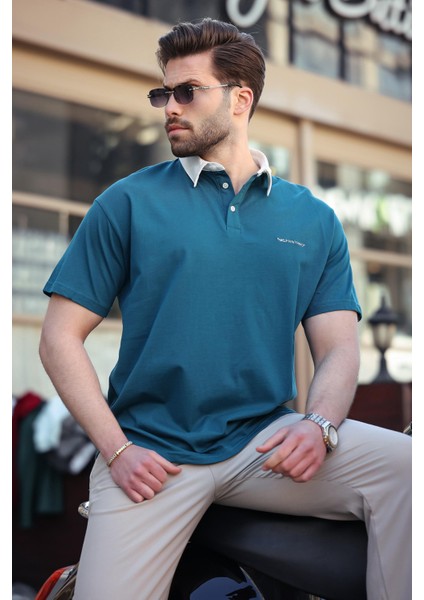 Petrol Yeşili Düğmeli Polo Yaka Erkek T-Shirt E7119