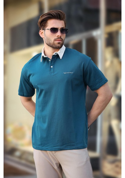 Petrol Yeşili Düğmeli Polo Yaka Erkek T-Shirt E7119 fırsatları