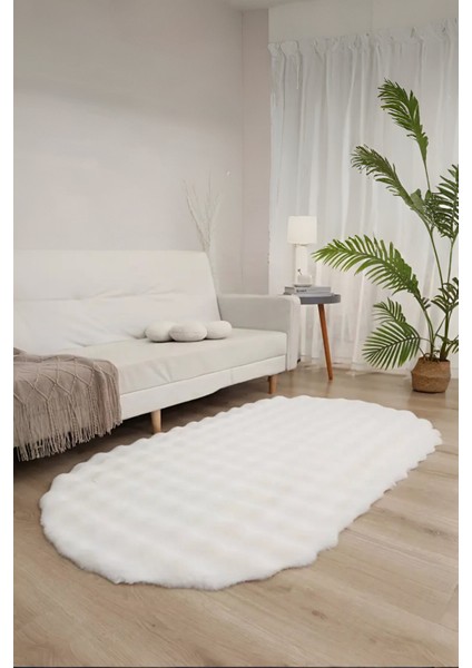 Bubble Oval Yumuşak Peluş Kaymaz Salon Oturma Odası Balkon Halısı Yolluk Krem