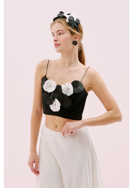 Çiçek Motifli Ince Askılı Büstiyer Siyah Y2514005_001