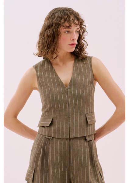 V Yaka Önü Fermuarlı Keten Yelek Haki Y2517012_023