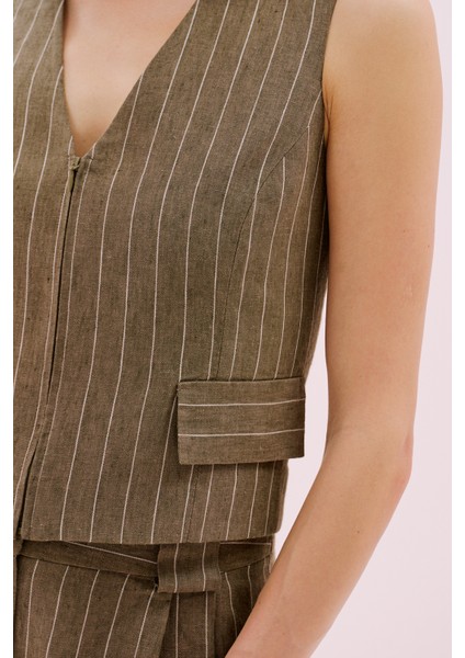 V Yaka Önü Fermuarlı Keten Yelek Haki Y2517012_023 modelleri