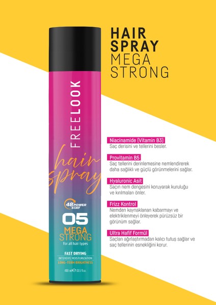 Mega Strong Saç Spreyi - 48 Saat Tutuş, Hızlı Kuruyan, Frizz Karşıtı, Provitamin B5, B3 Vitamini & Hyaluronik Asit Içerikli fırsatları