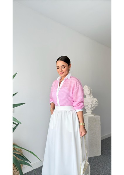 Keyymod Kadın Çizgili Yaka & Manşet & Patı Beyaz Gömlek