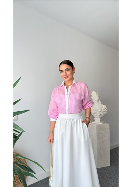 Keyymod Kadın Çizgili Yaka & Manşet & Patı Beyaz Gömlek fiyatları