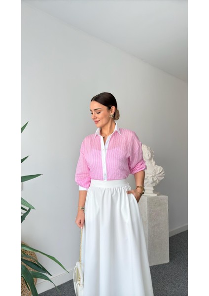 Keyymod Kadın Çizgili Yaka & Manşet & Patı Beyaz Gömlek modelleri