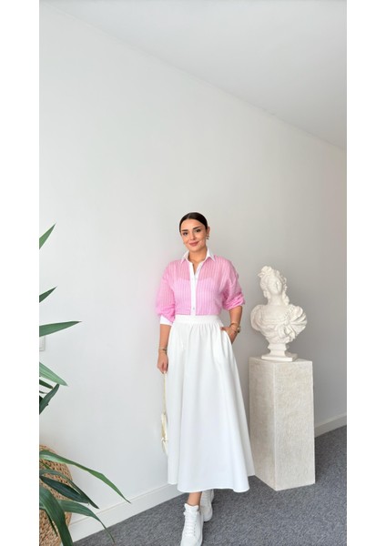 Keyymod Kadın Çizgili Yaka & Manşet & Patı Beyaz Gömlek fırsatları