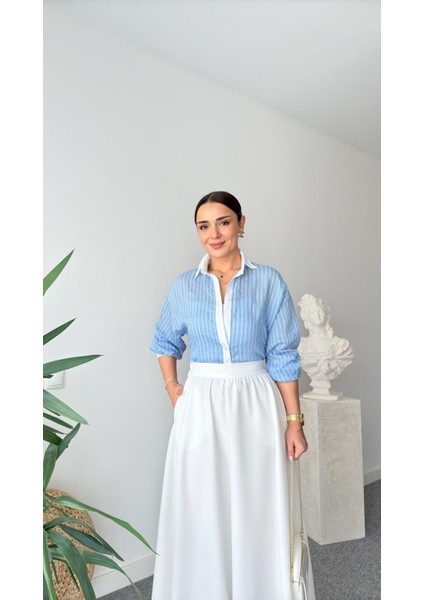 Keyymod Kadın Çizgili Yaka & Manşet & Patı Beyaz Gömlek