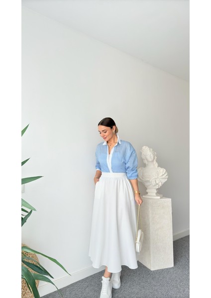 Keyymod Kadın Çizgili Yaka & Manşet & Patı Beyaz Gömlek fiyatları