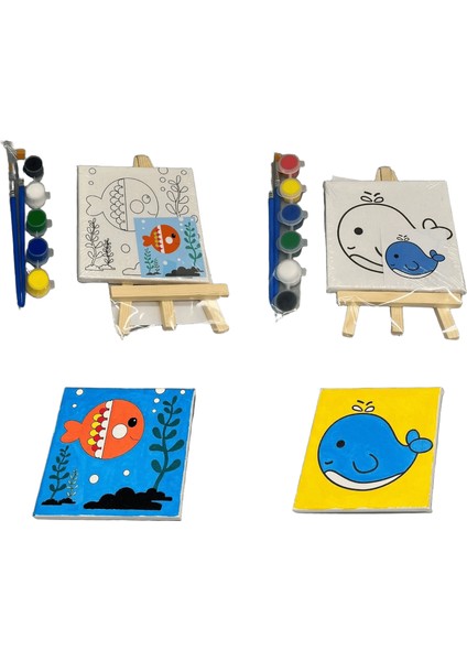 2 Paket Mini Numaralara Göre Boya Seti Çocuklar Için Şövale ile Çocuklar Acemi Çerçeveli Tuval Duvar Dekoru Için Dıy Akrilik Yağlı Boya Renk: Balinalar ve Balık / Boyut (Cm): 10X10CM (Yurt Dışından)