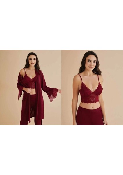 Kadın Penye Bordo Bralet&gecelik&sabahlık 4'lü Takım Kutulu Set Q5.5.3.2dkukchss