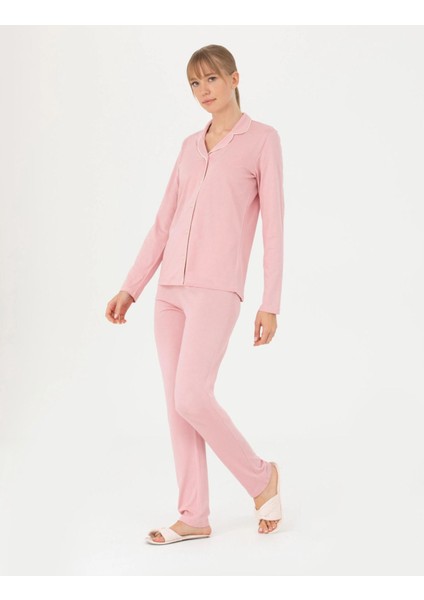 Kadın Gül Kurusu Pamuklu Modal Boydan Patlı Kutulu Pijama Takımı Q8.u.8o.k2.k.a8.p.c