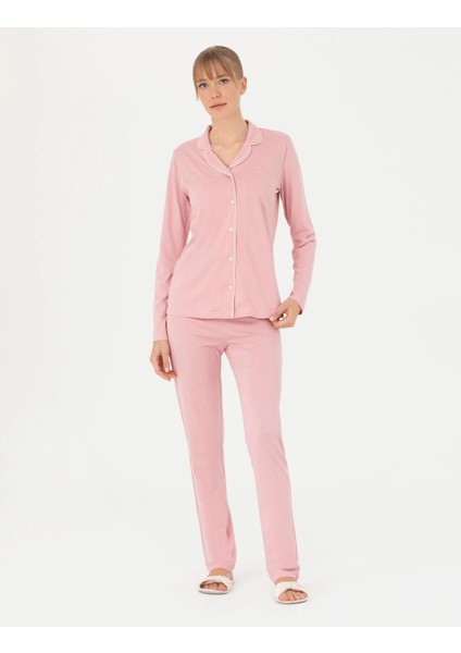 Kadın Gül Kurusu Pamuklu Modal Boydan Patlı Kutulu Pijama Takımı Q8.u.8o.k2.k.a8.p.c