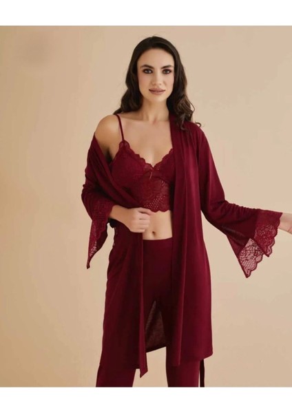 Kadın Penye Bordo Bralet&gecelik&sabahlık 4'lü Takım Kutulu Set Q5.5.3.2dkukchss