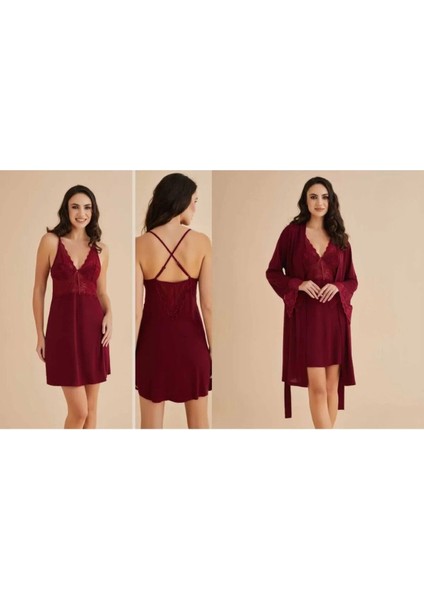 Kadın Penye Bordo Bralet&gecelik&sabahlık 4'lü Takım Kutulu Set Q5.5.3.2dkukchss