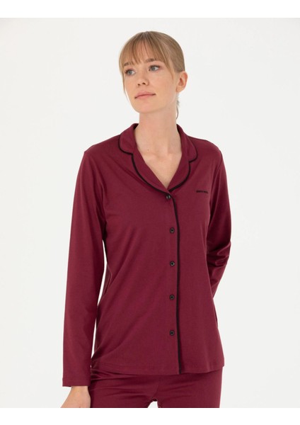 Kadın Bordo Pamuklu Modal Boydan Patlı Kutulu Pijama Takımı Q8.u.8o.k2.k.a8.p.c