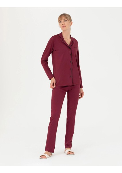 Kadın Bordo Pamuklu Modal Boydan Patlı Kutulu Pijama Takımı Q8.u.8o.k2.k.a8.p.c