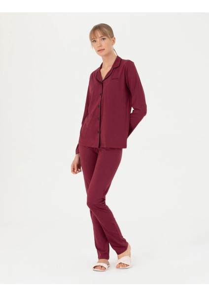 Kadın Bordo Pamuklu Modal Boydan Patlı Kutulu Pijama Takımı Q8.u.8o.k2.k.a8.p.c