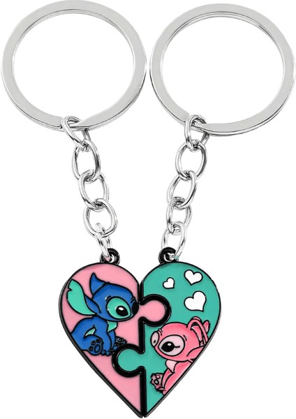 Disney Lilo Stitch Anahtarlık Sevimli Karikatür Figür Stitch Melek Aşk Kalp Bulmaca Anahtarlıklar En Iyi Arkadaşlık Anahtarlık Takı (Yurt Dışından)