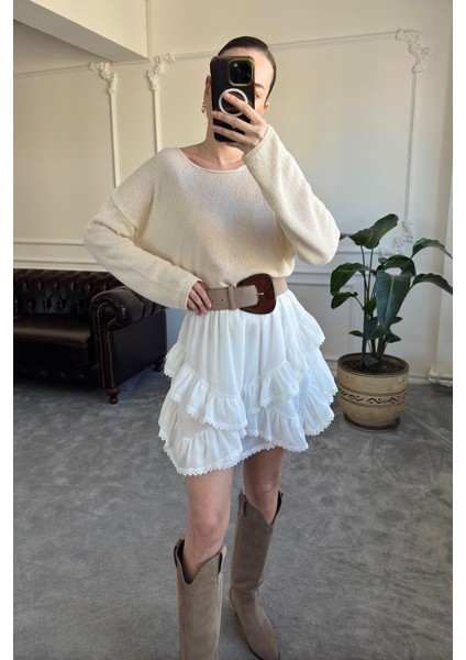 Fırfırlı Mini Etek- Ekru