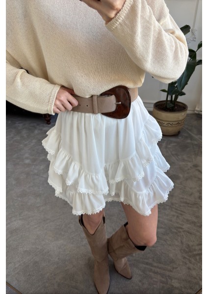 Fırfırlı Mini Etek- Ekru modelleri