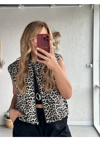 Keyymod Kadın Leopar Desenli Kolları Seyyar Yelek & Ceket