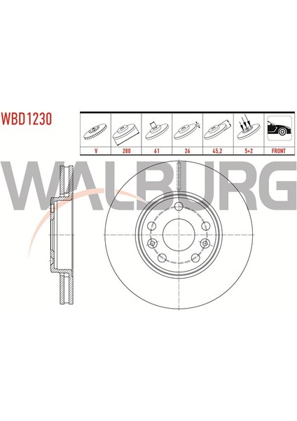 WALBURG-WBD1230 - Fren Disk Ön Kangoo Iı 08> / Cıtan W415 12> 5 Bijon Havalı 280MM