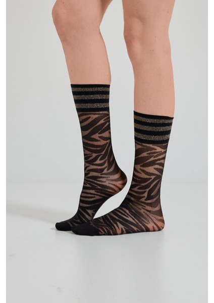 Kadın Zebra Desenli Ince Soket Çorap Siyah/silver