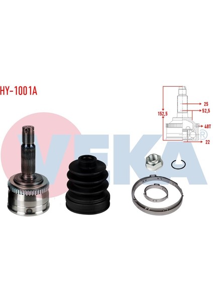 VEKA-HY-1001A - Aks Kafası Sol-Sag On Dıs Hyundaı Accent Era 1.4i 16V Abslı 48 Dıs 25×22×52.5 Uzunluk 152,5 mm 2006-2012
