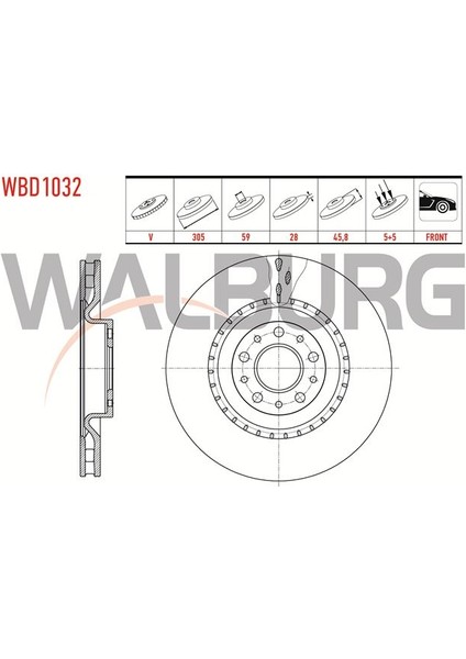 WALBURG-WBD1032 - Fren Disk Ön 500 L 12> Doblo Maxı 09> / Combo 12> 5 Bijon Havalı 305MM