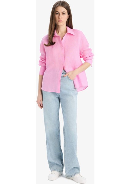 %100 Keten Oversize Geniş Kalıp Basic Düz Pembe Uzun Kollu Gömlek Z6638AZ25SP