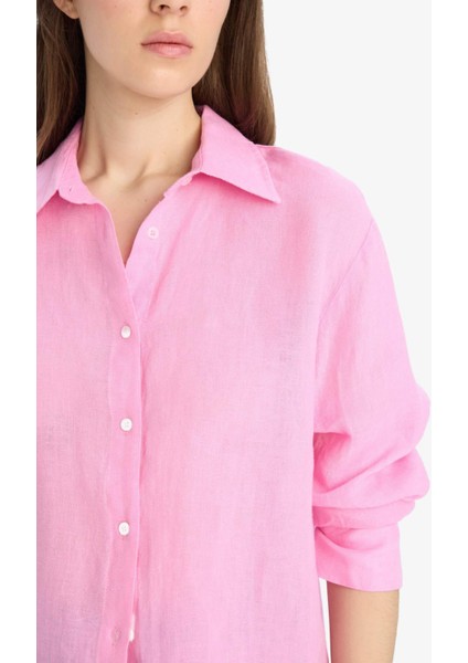 %100 Keten Oversize Geniş Kalıp Basic Düz Pembe Uzun Kollu Gömlek Z6638AZ25SP