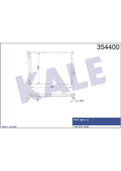 KALE-354400 - Su Radyatörü Bmw 3 (E46) 316İ-330İ 98=> Z4 (E85) 2.2i 2.5i 3.0i 02<05 (At/mt) (Ac/nac) [brazıng] [580X448X32]
